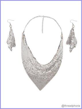 Shiny Metal Sequins Statement Choker Necklace & Earrings Set, Adjustable
